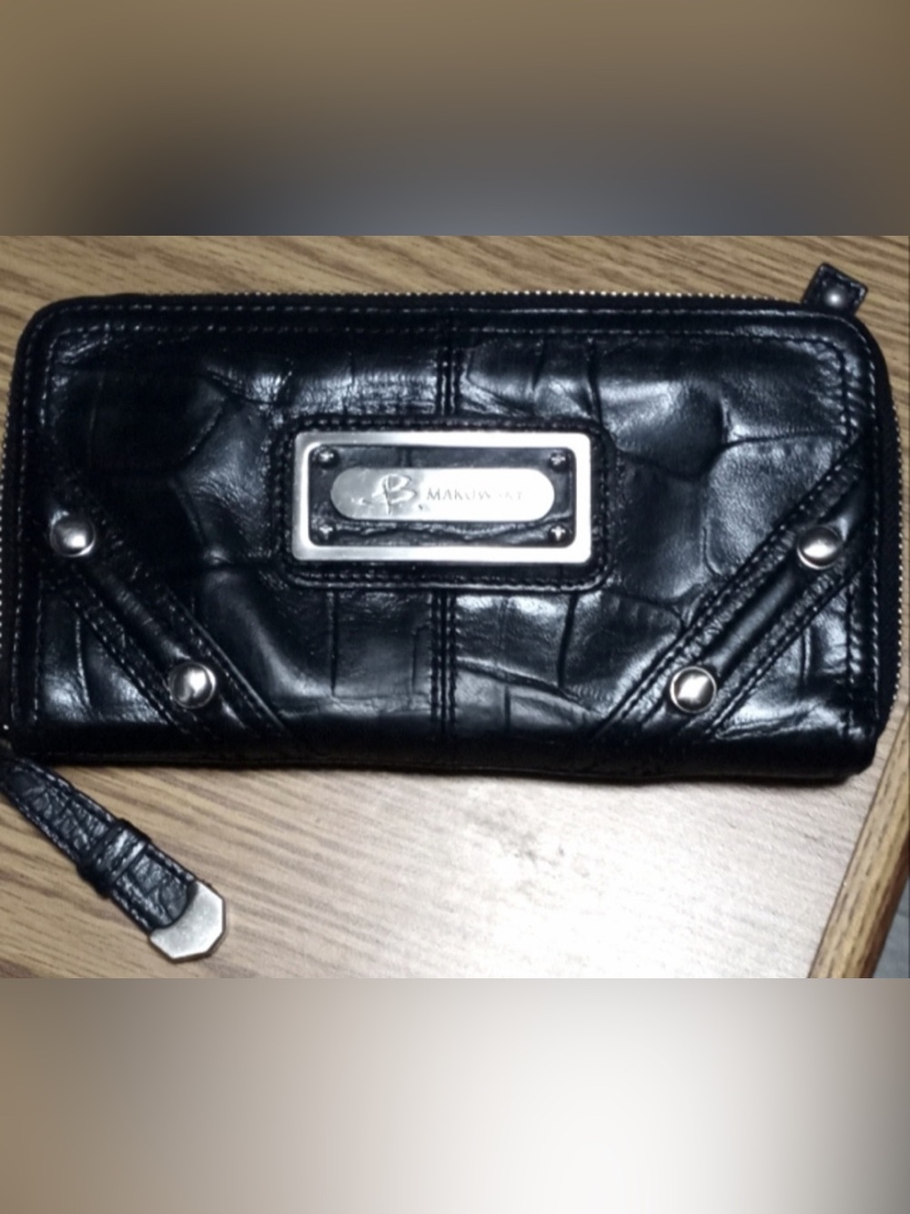 b. Makowski Black Faux Leather Zip Wallet with Silver Plate NWOT